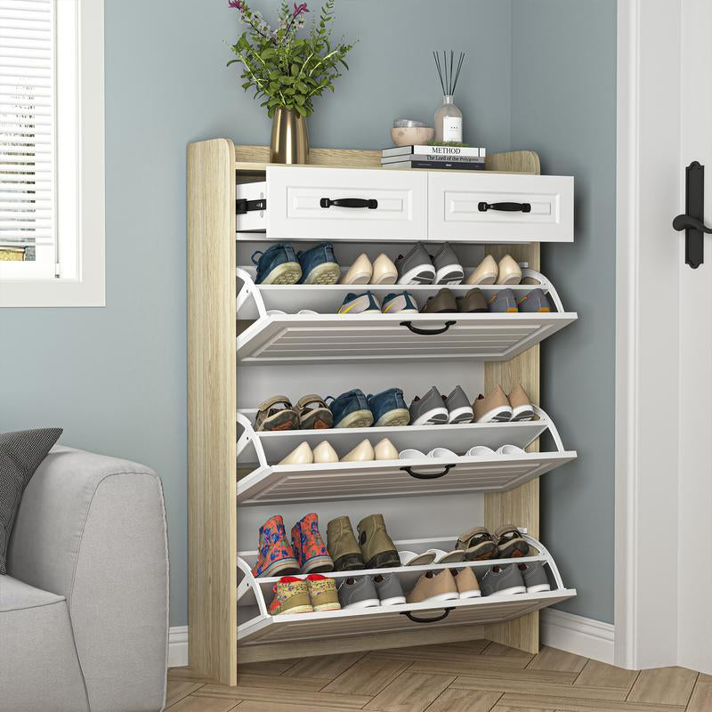 Slim Shoe Cabinet with 3 Flip Drawers & 2 Storage Compartments – Narrow Shoe Organizer for Entryway, Hallway or Bedroom