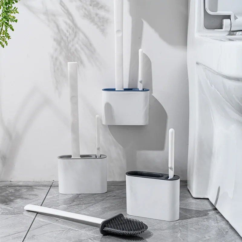 Wall-Mounted Toilet Brush Holder with Long Handle – Silicone, Waterproof, Quick-Drying & Soft Bristle