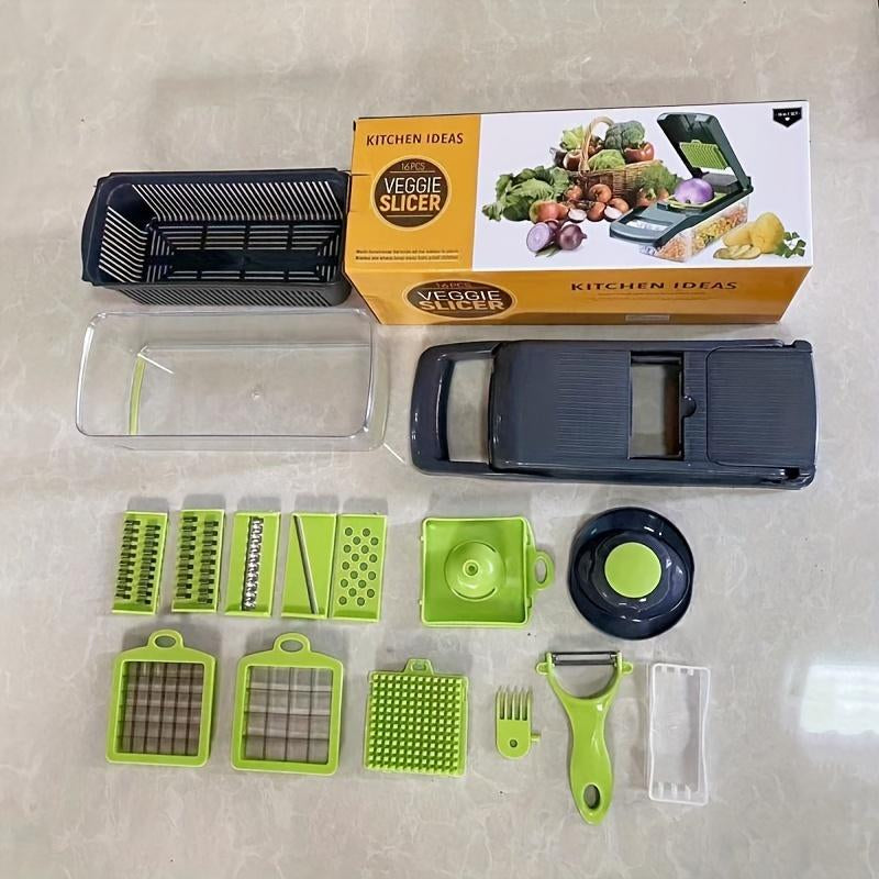 16-in-1 Vegetable Chopper & Slicer – Manual Food Processor with Interchangeable Blades - Perfect for Healthy Cooking & Fast Meal Prep