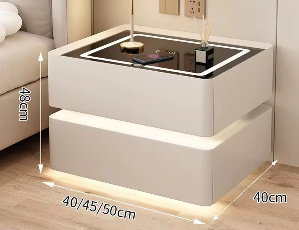Modern Solid Wood Bedside Table – 2 Drawers with Lock & Wireless Charging (40cm)