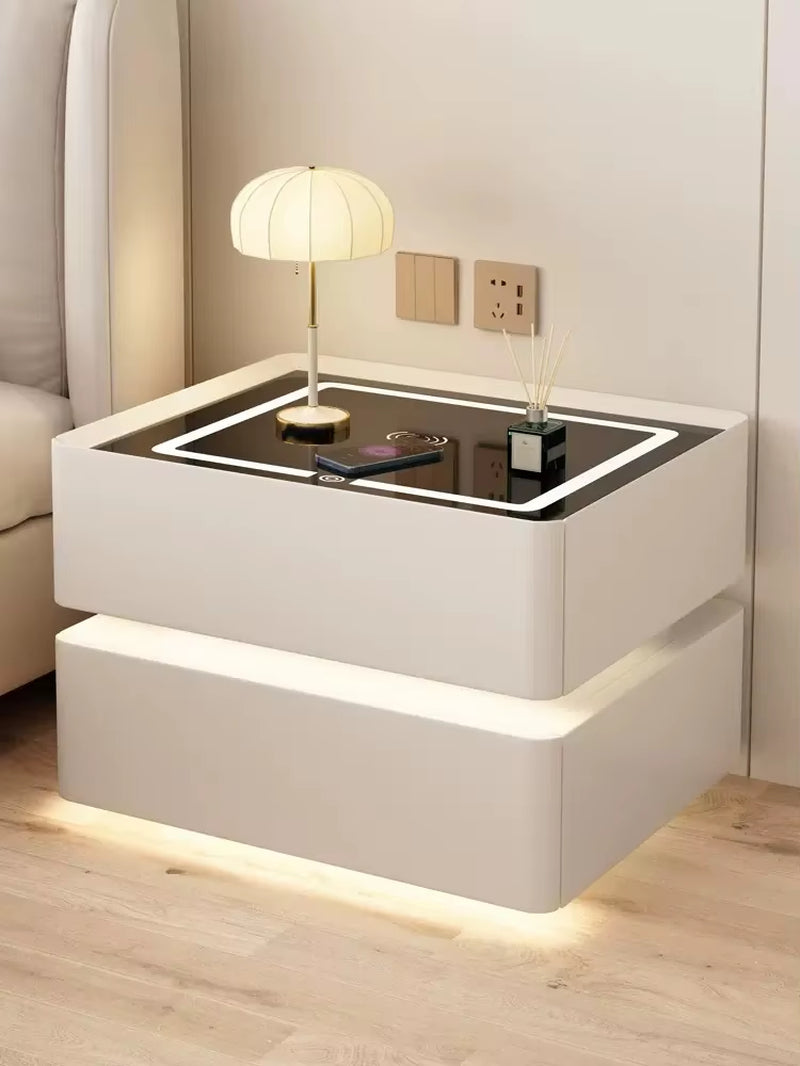 Modern Solid Wood Bedside Table – 2 Drawers with Lock & Wireless Charging (40cm)