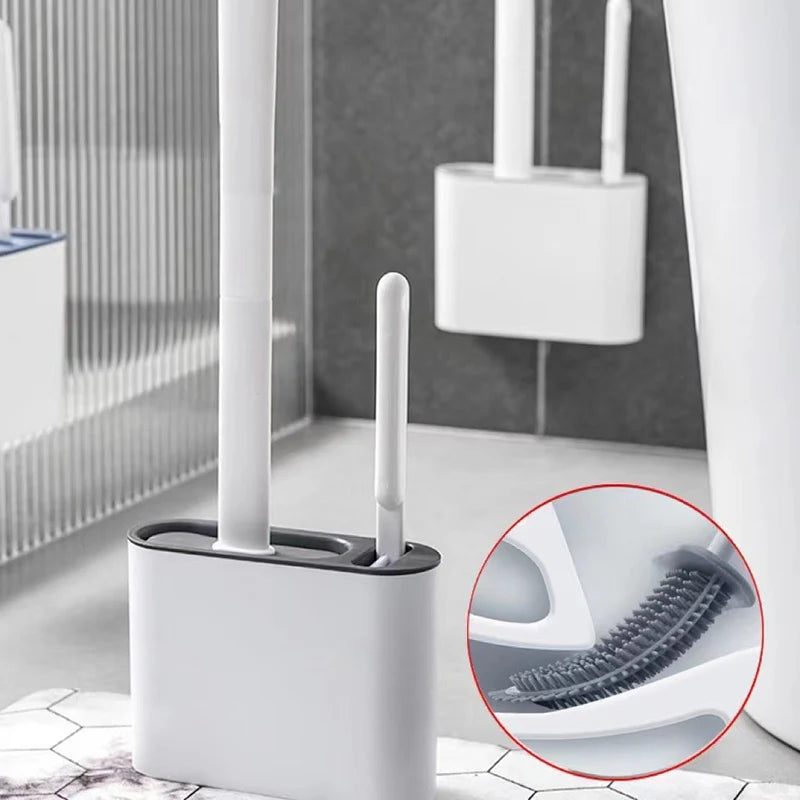 Wall-Mounted Toilet Brush Holder with Long Handle – Silicone, Waterproof, Quick-Drying & Soft Bristle