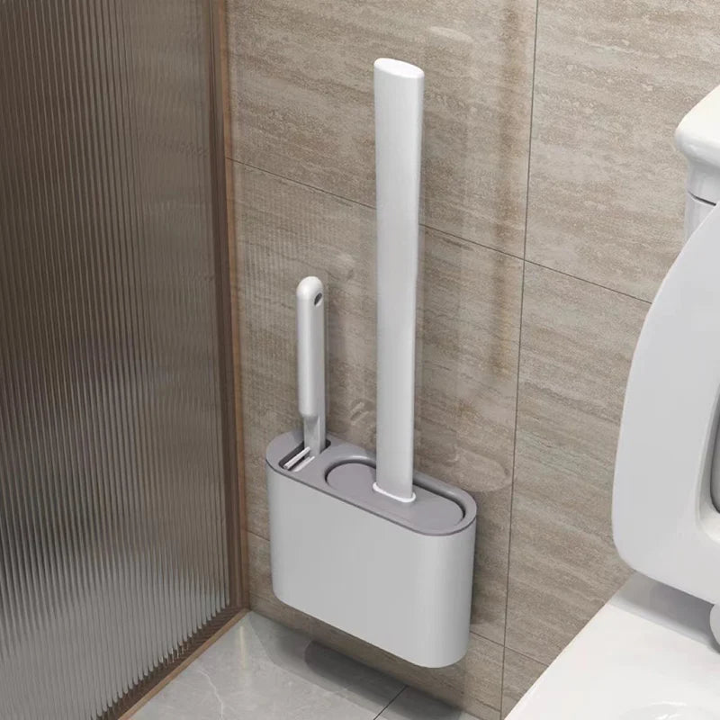 Wall-Mounted Toilet Brush Holder with Long Handle – Silicone, Waterproof, Quick-Drying & Soft Bristle