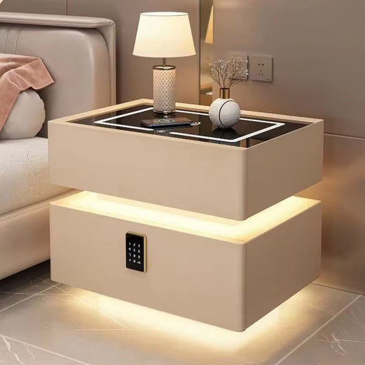 Modern Solid Wood Bedside Table – 2 Drawers with Lock & Wireless Charging (40cm)