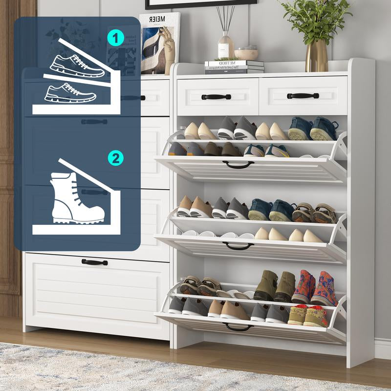 Slim Shoe Cabinet with 3 Flip Drawers & 2 Storage Compartments – Narrow Shoe Organizer for Entryway, Hallway or Bedroom