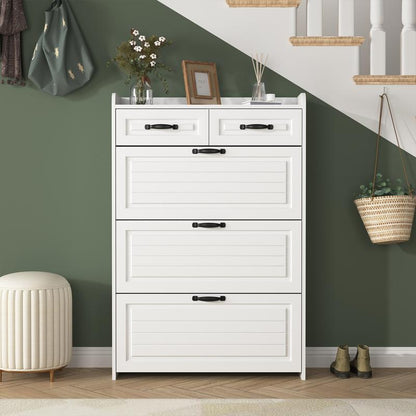 Slim Shoe Cabinet with 3 Flip Drawers & 2 Storage Compartments – Narrow Shoe Organizer for Entryway, Hallway or Bedroom