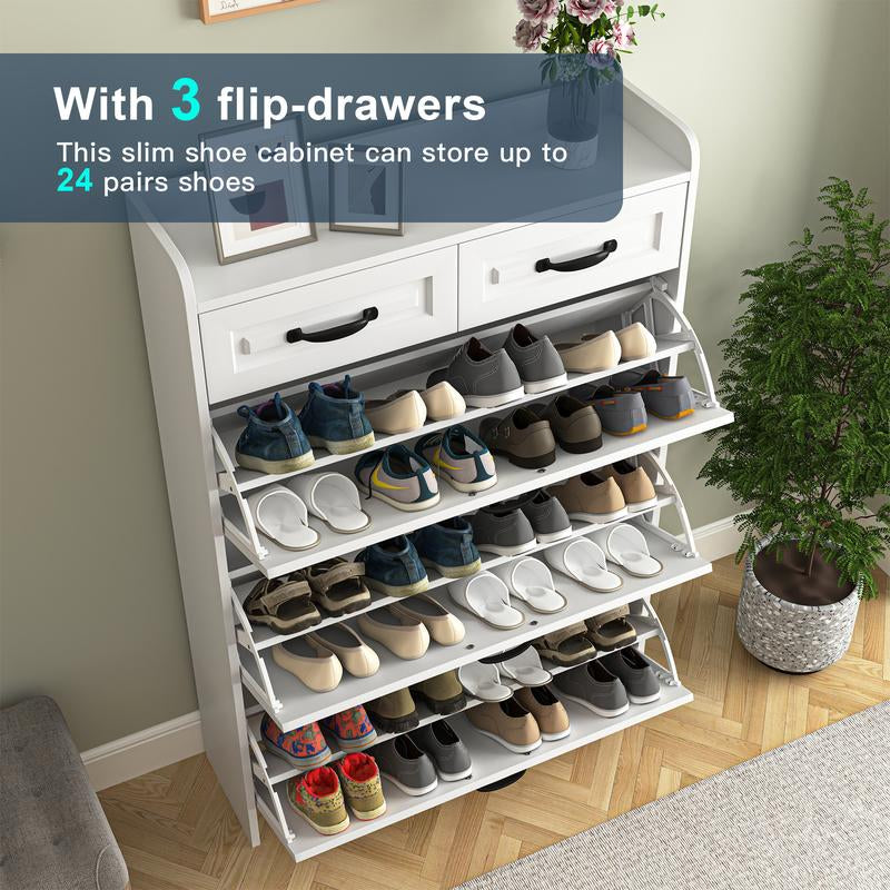 Slim Shoe Cabinet with 3 Flip Drawers & 2 Storage Compartments – Narrow Shoe Organizer for Entryway, Hallway or Bedroom
