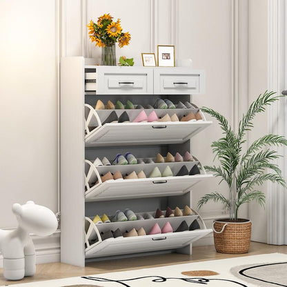 Slim Shoe Cabinet with 3 Flip Drawers & 2 Storage Compartments – Narrow Shoe Organizer for Entryway, Hallway or Bedroom
