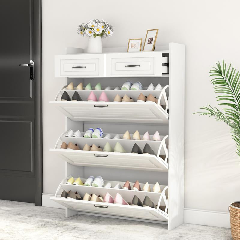 Slim Shoe Cabinet with 3 Flip Drawers & 2 Storage Compartments – Narrow Shoe Organizer for Entryway, Hallway or Bedroom
